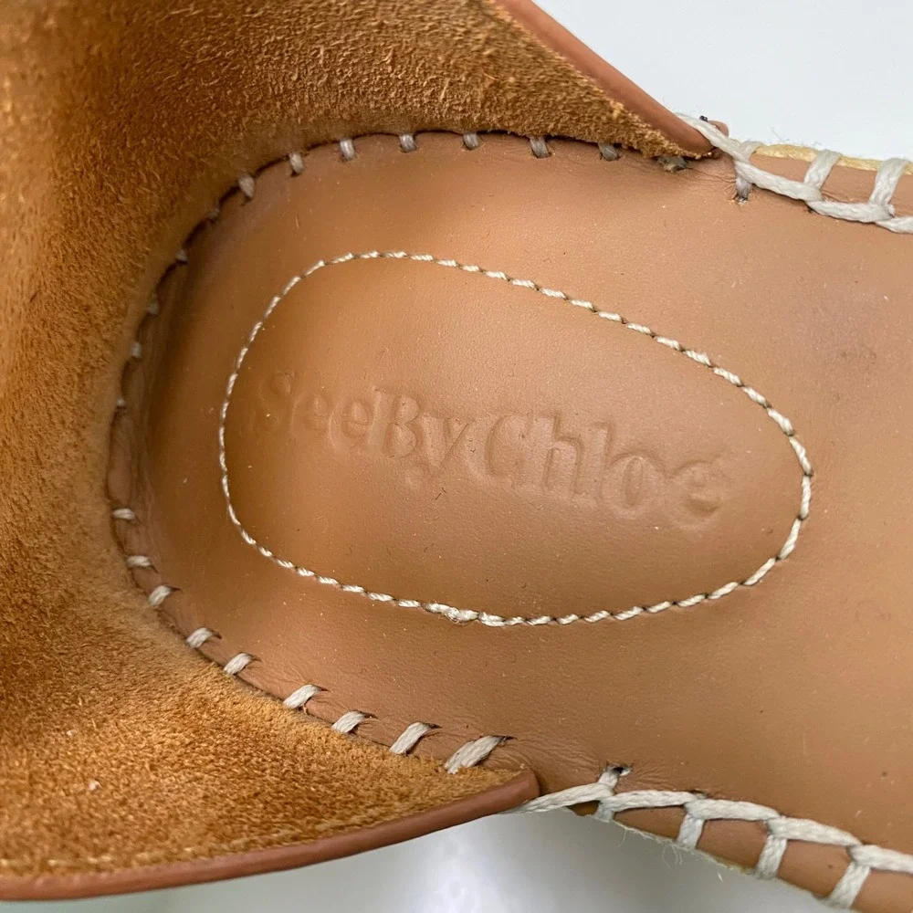 See by Chloe Glyn Calf‎ Leather Espadrille Platform Sandals Tan Size 8
